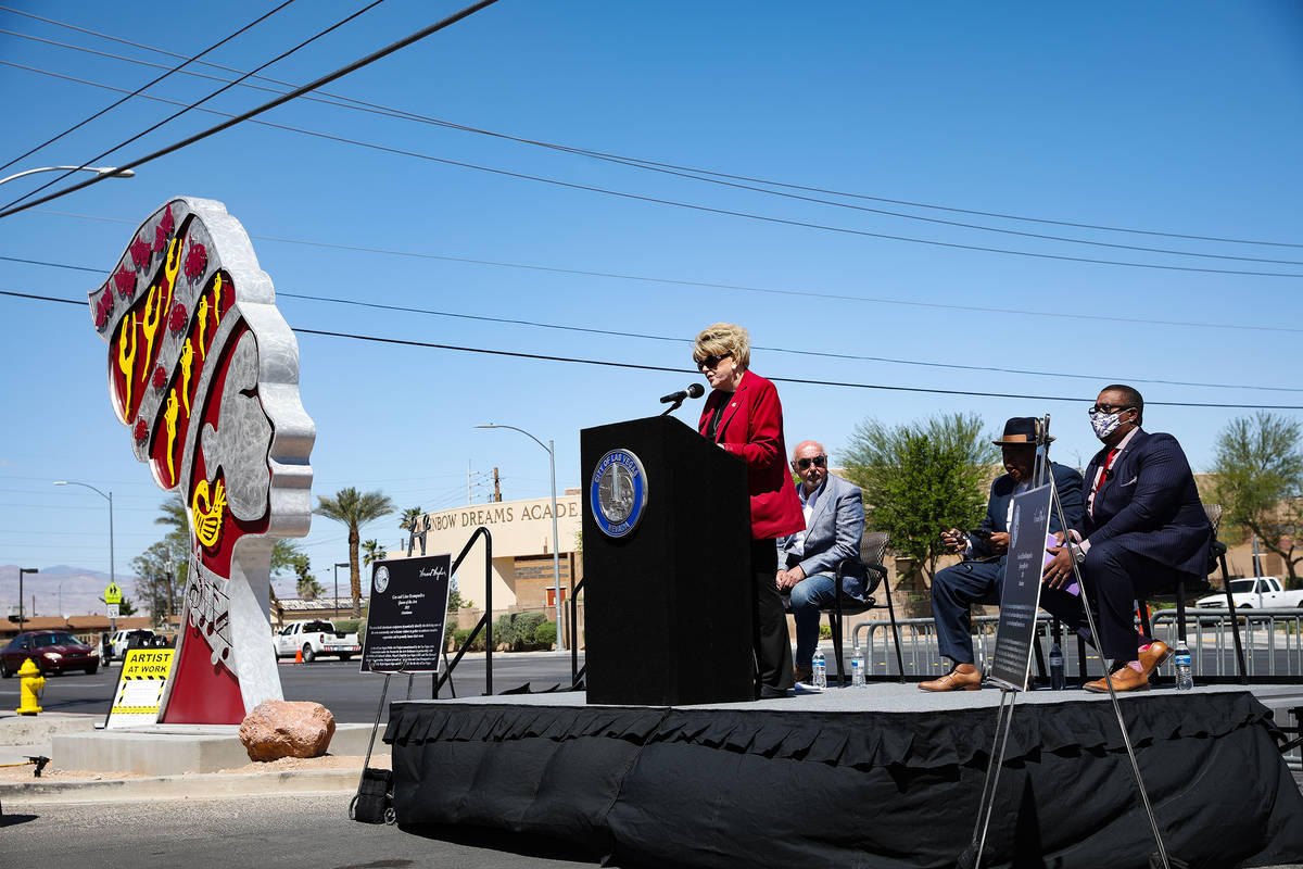 Las Vegas Mayor Carolyn Goodman addresses the crowd at an unveiling of "Queen of Arts" sculptur ...