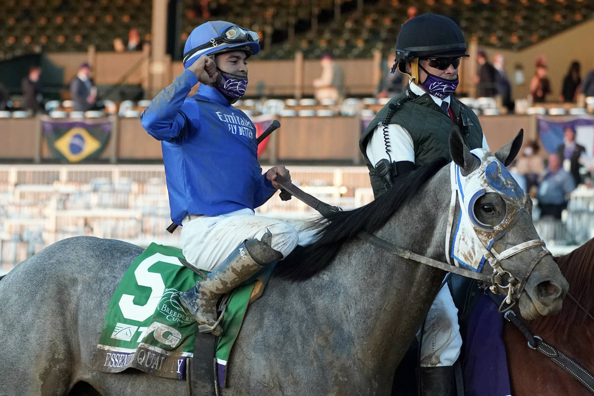 Jockey Luis Saez and Essential Quality are led to the winner's circle after winning the Breeder ...