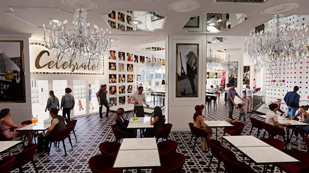 A drawing of a main dining area on the third floor of the Sugar Factory being built at Harmon a ...