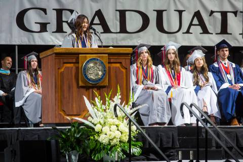 in this May 25, 2019, file photo, Coronado High School valedictorian Mina Chia speaks during th ...