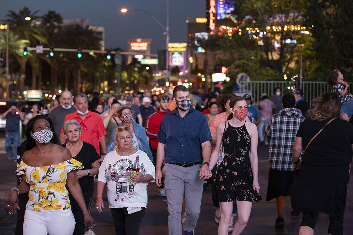 The Las Vegas Strip is packed on Tuesday, April 13, 2021, in Las Vegas. (Benjamin Hager/Las Veg ...