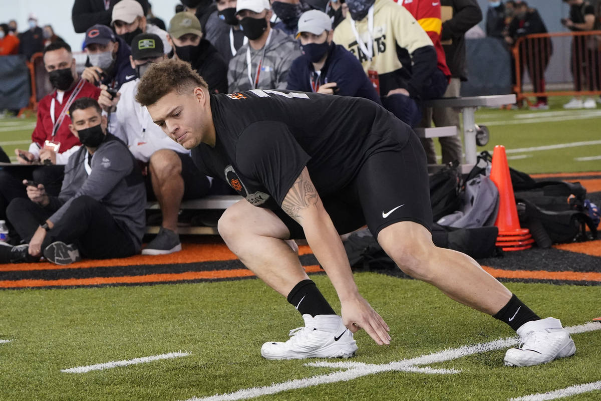 Oklahoma State offensive lineman Teven Jenkins participates in a drill at NFL football pro day, ...