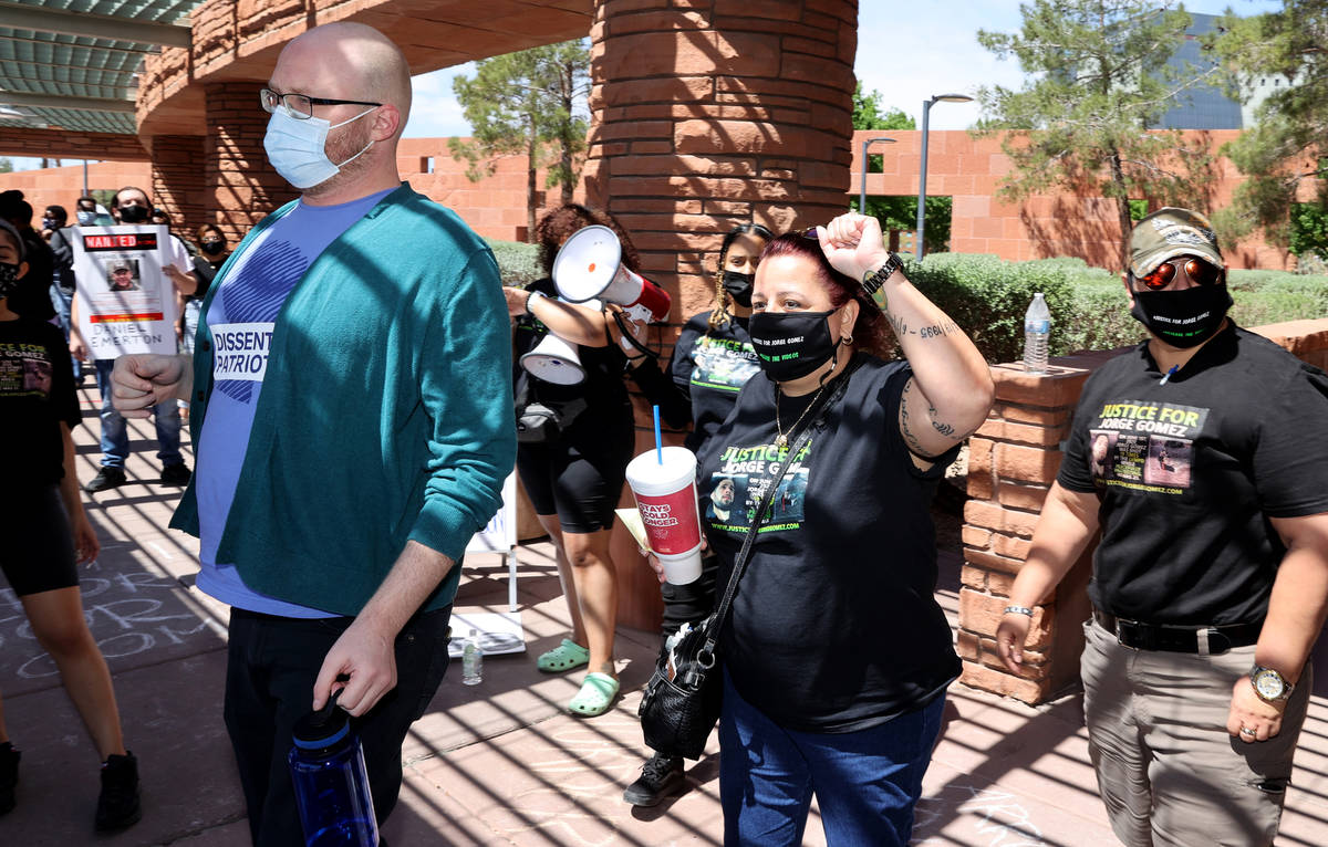 Jeanne Llera, mother of Jorge Gomez, exits the Clark County Government Center in Las Vegas with ...