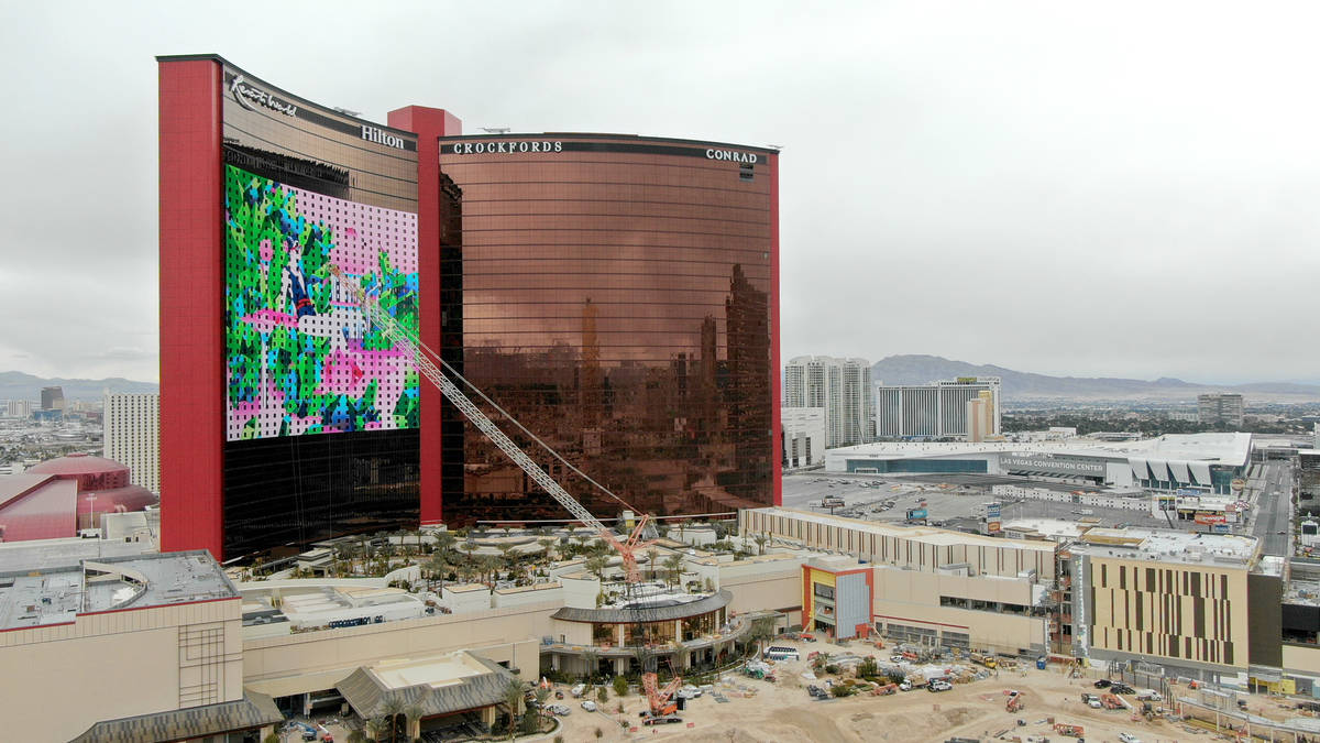 An aerial photo of Resorts World Las Vegas under construction on the former site of the Stardus ...