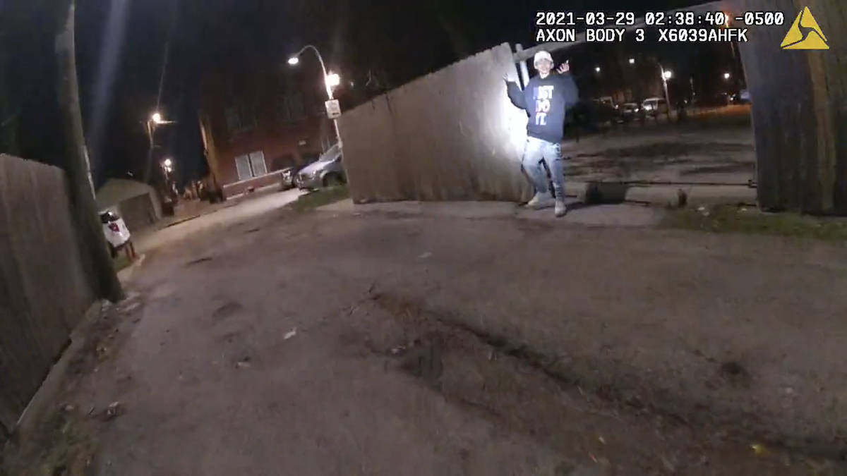 This image from Chicago Police Department body cam video shows the moment before Chicago Police ...