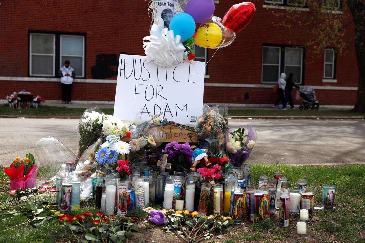 A memorial near the spot where 13-year-old Adam Toledo was shot by a police officer in Chicago' ...