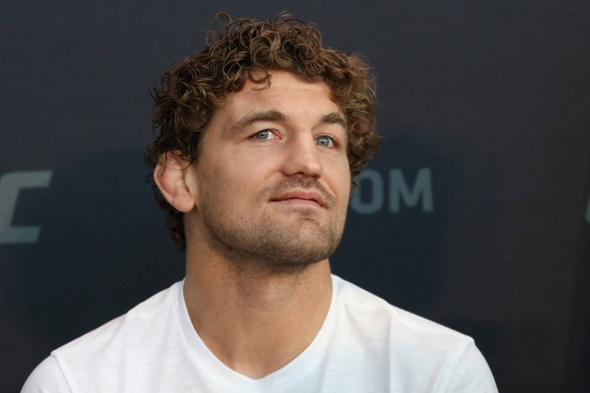 UFC welterweight Ben Askren takes questions from reporters at a media day at the T-Mobile Arena ...