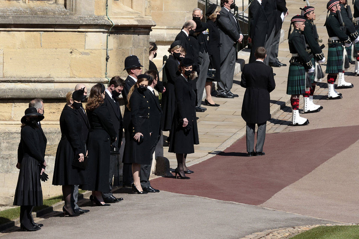 Members of the Royal family stand at the Windsor Castle during the funeral of Britain's Prince ...