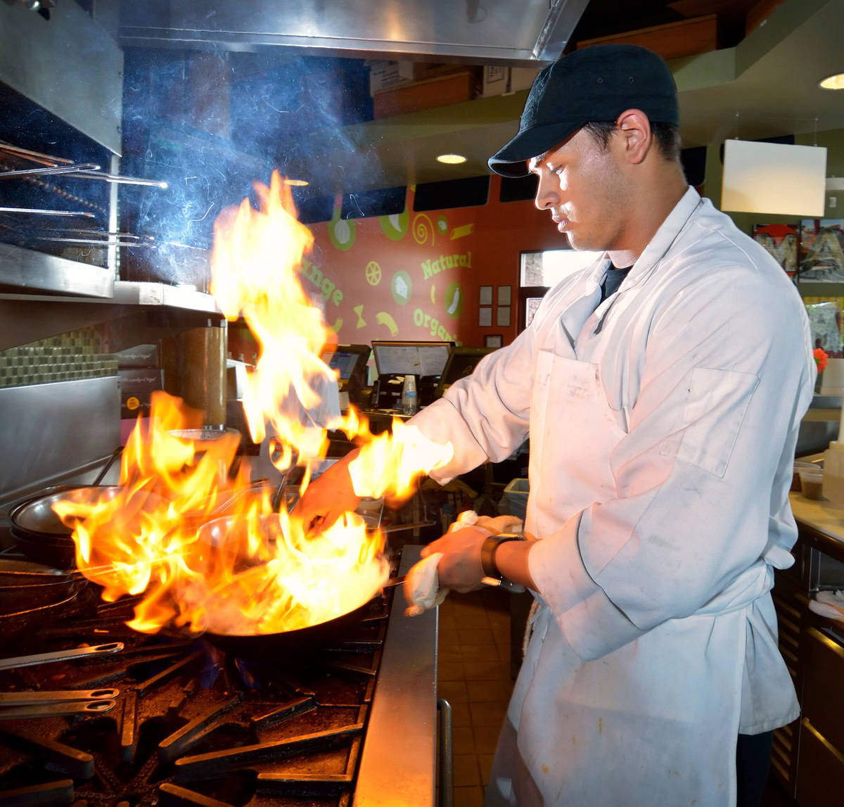 Chef Eduardo Alfaro-Casillas prepares Crazy Alfredo at Mac Shack at 8680 W. Warm Springs Road i ...