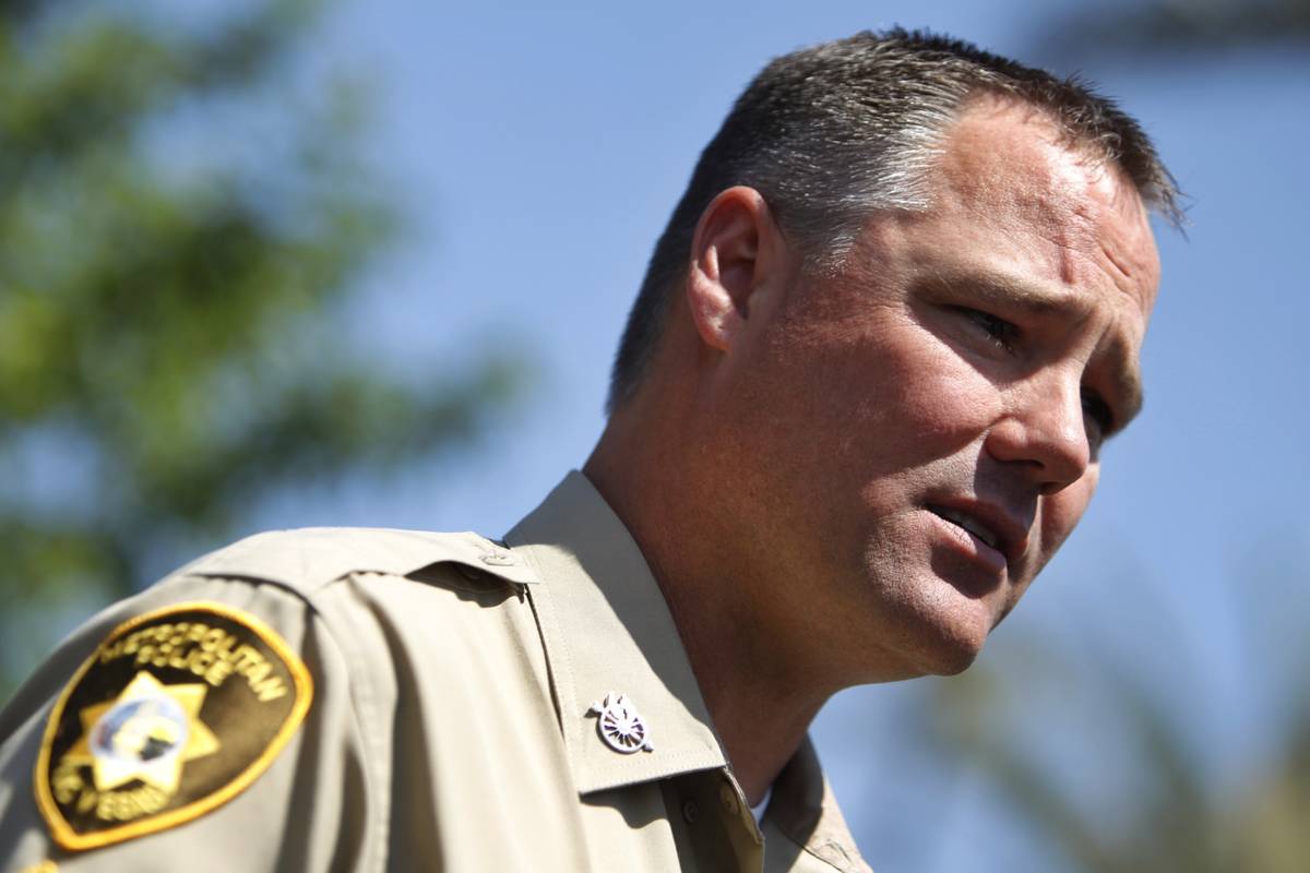 Las Vegas police Sgt. Todd Raybuck speaks at a press conference in front of the Las Vegas polic ...