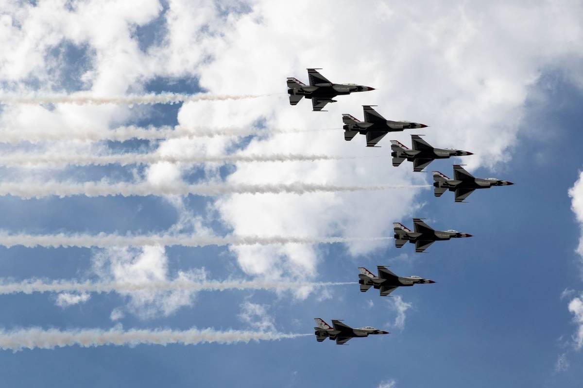 The Thunderbirds fly over Las Vegas on Monday, on Monday, Nov. 2, 2020, in Las Vegas. (Bizuayeh ...