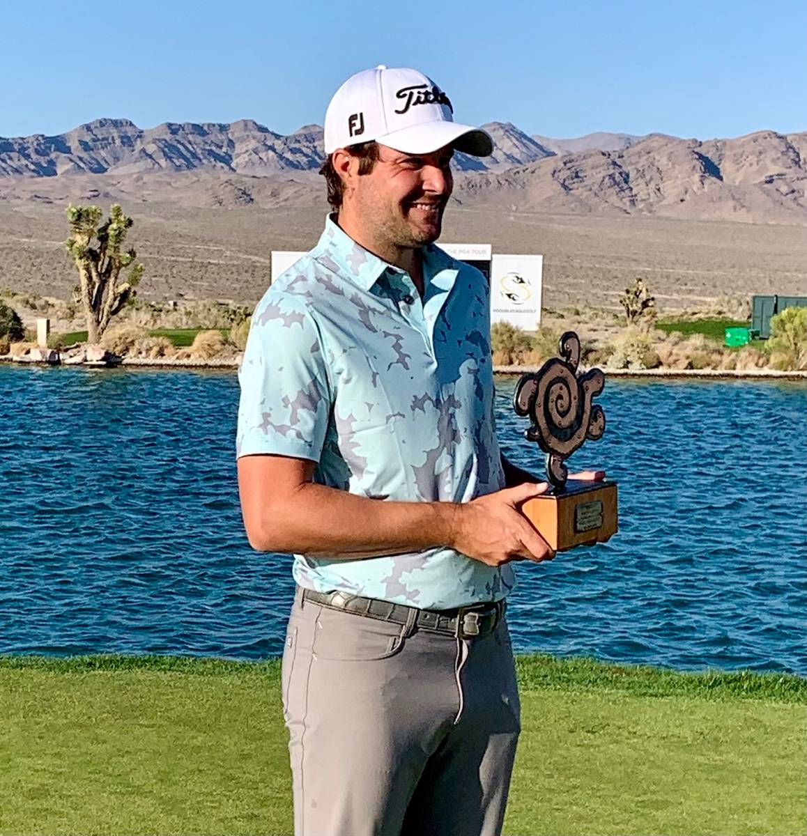 Peter Uihlein celebrates after winning the Korn Ferry Tour's MGM Resorts Championship on Sunday ...