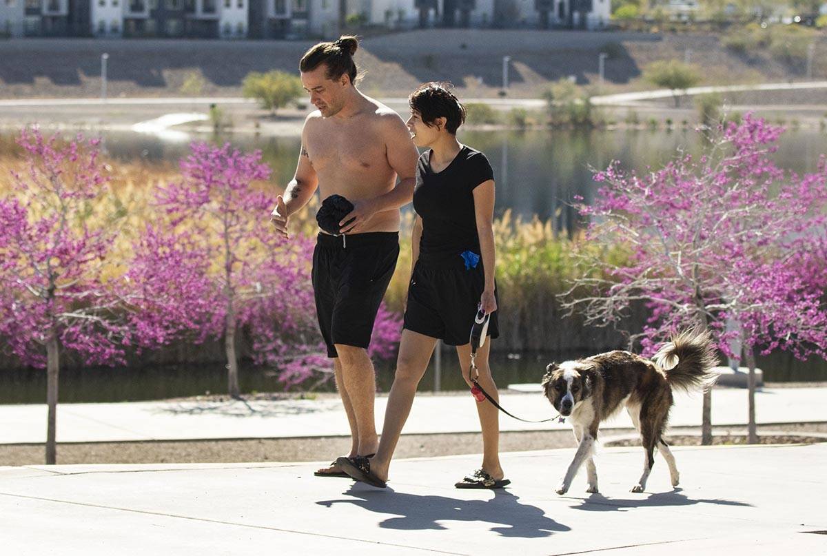 Alex Donaldson walks with his girlfriend April Rosales and their dog Anakin at Cornerstone Park ...