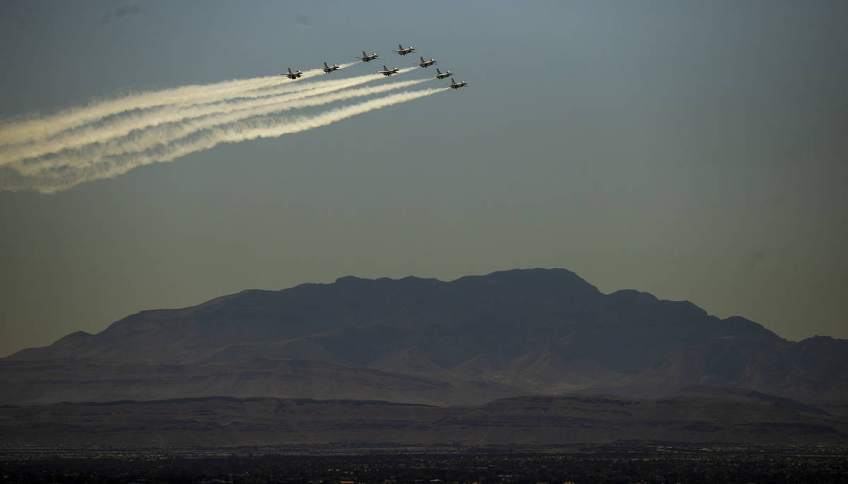 The Thunderbirds fly over the west hills on their return to Nellis AFB as seen from the Legacy ...