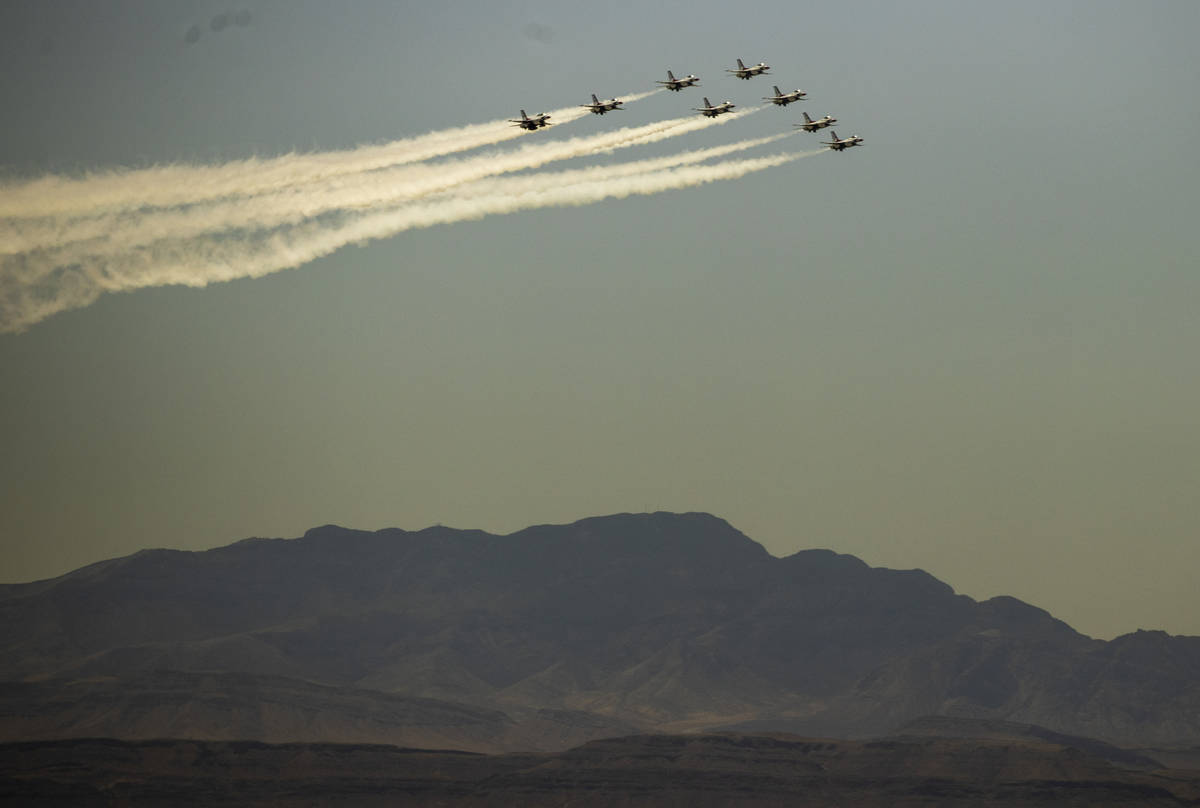 The Thunderbirds fly over the west hills on their return to Nellis AFB as seen from the Legacy ...