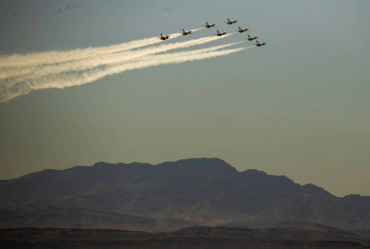 The Thunderbirds fly over the west hills on their return to Nellis AFB as seen from the Legacy ...