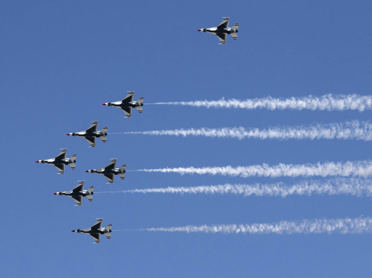 The Thunderbirds fly over Las Vegas on Monday, April 19, 2021. The team flew back home after ki ...