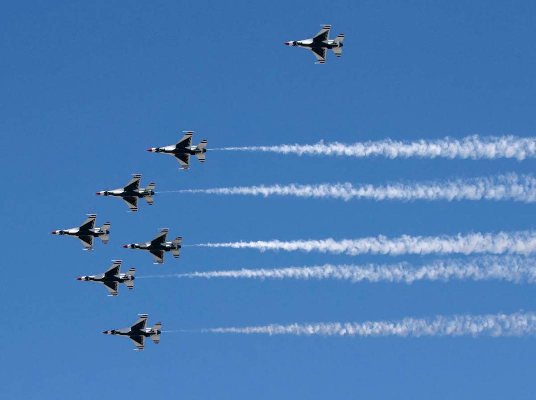 The Thunderbirds fly over Las Vegas on Monday, April 19, 2021. The team flew back home after ki ...
