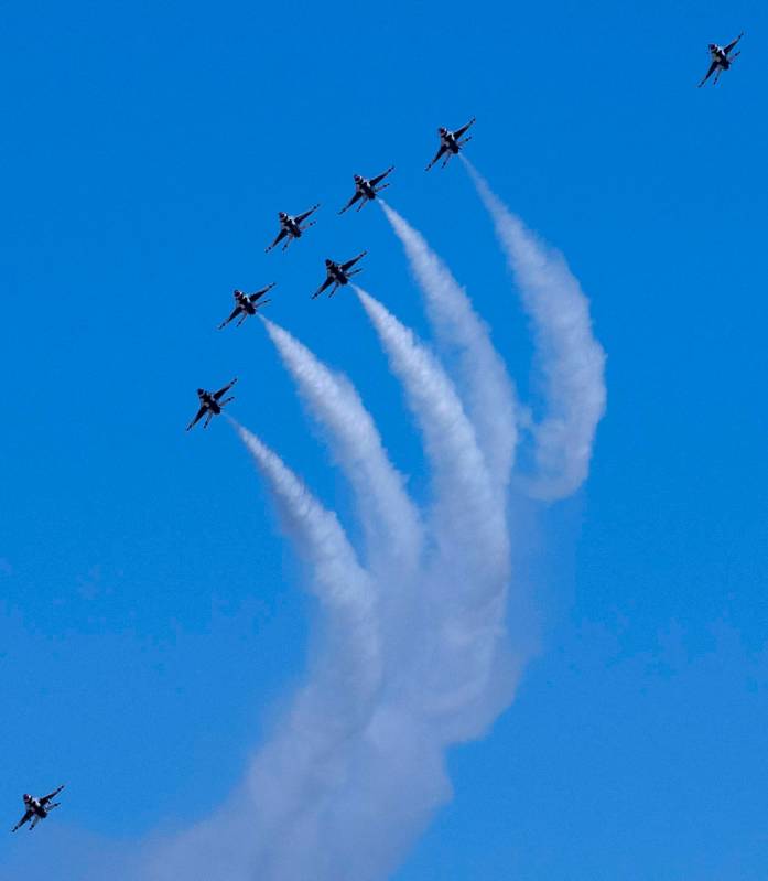 The Thunderbirds fly over Las Vegas on Monday, April 19, 2021. The team flew back home after ki ...