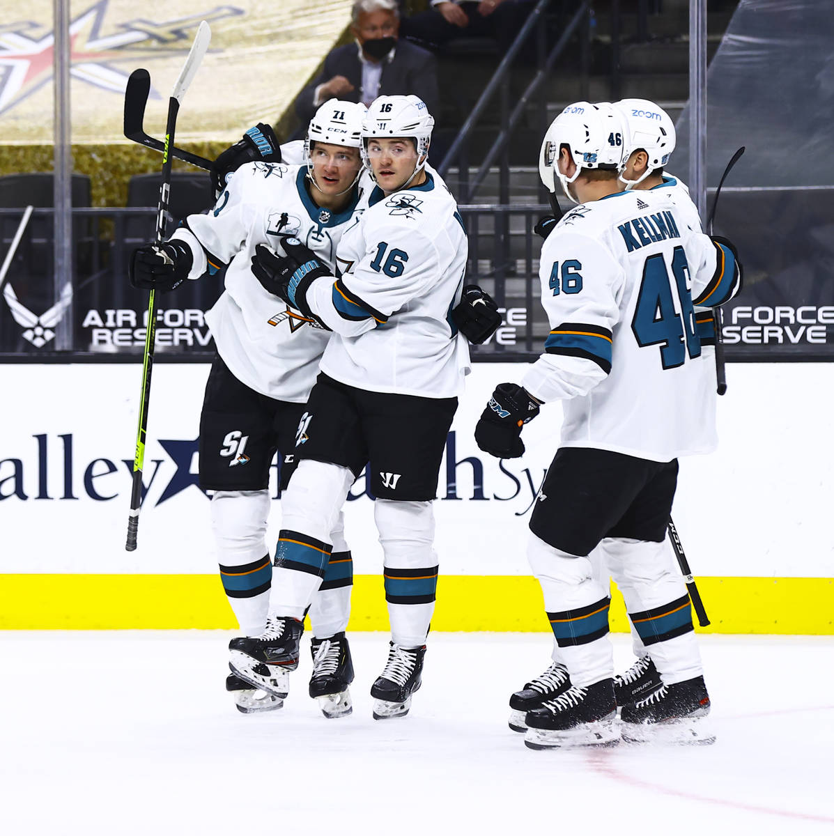 The San Jose Sharks celebrate after scoring a goal against the Golden Knights during the first ...