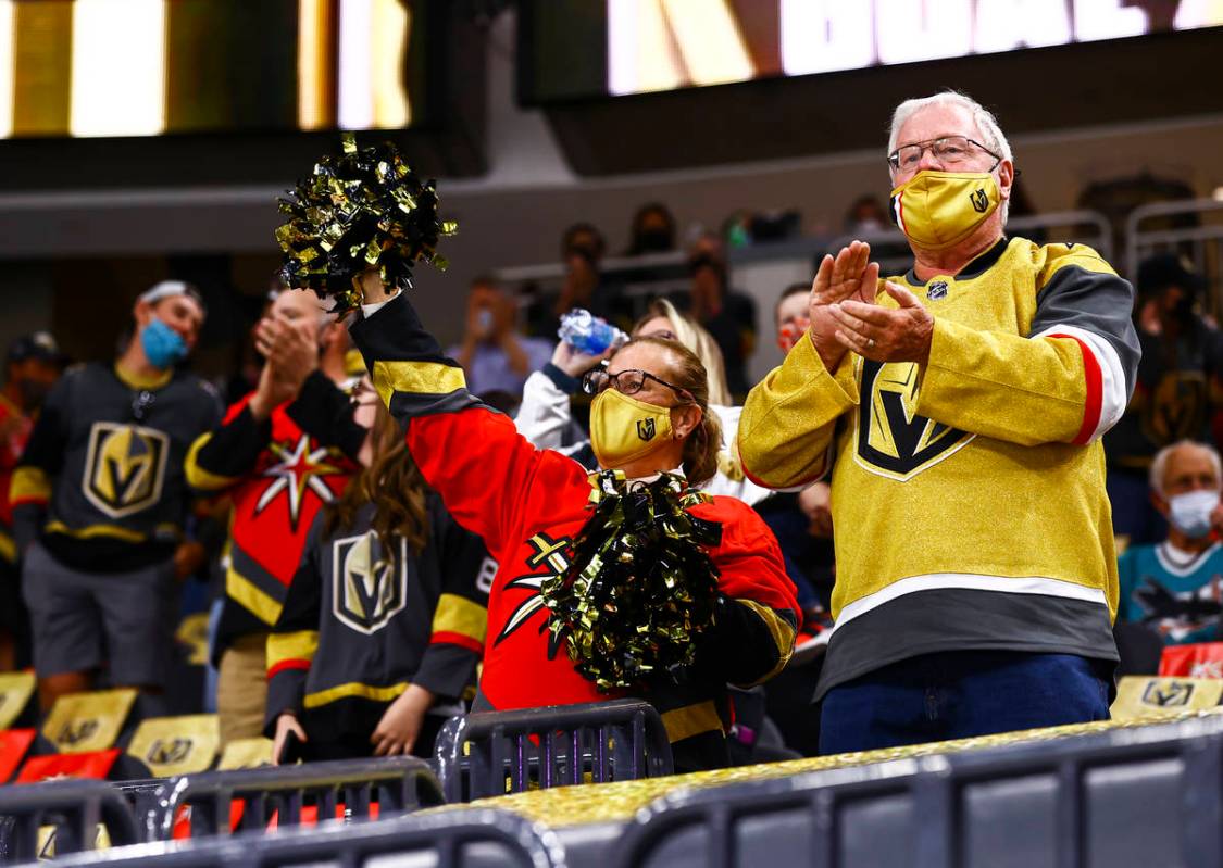 Golden Knights fans celebrate after a goal by Golden Knights' Mark Stone, not pictured, during ...