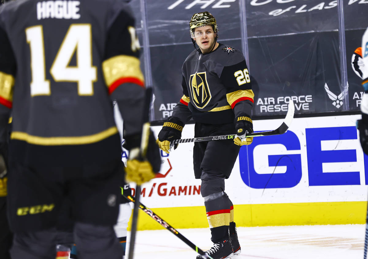 Golden Knights' Mattias Janmark (26) looks on after his scoring attempt was waved off by offici ...