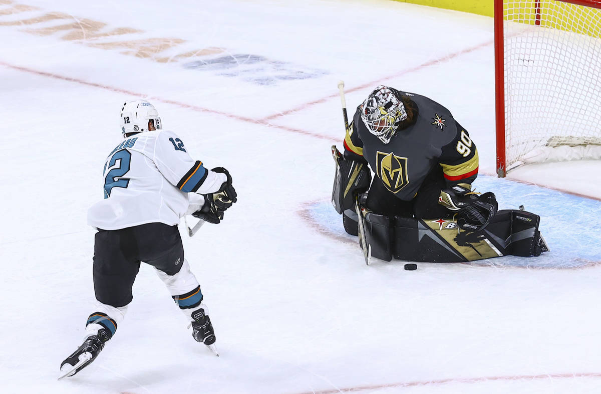 Golden Knights goaltender Robin Lehner (90) makes a save against San Jose Sharks' Patrick Marle ...