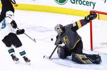 Golden Knights goaltender Robin Lehner (90) makes a save against San Jose Sharks' Logan Couture ...