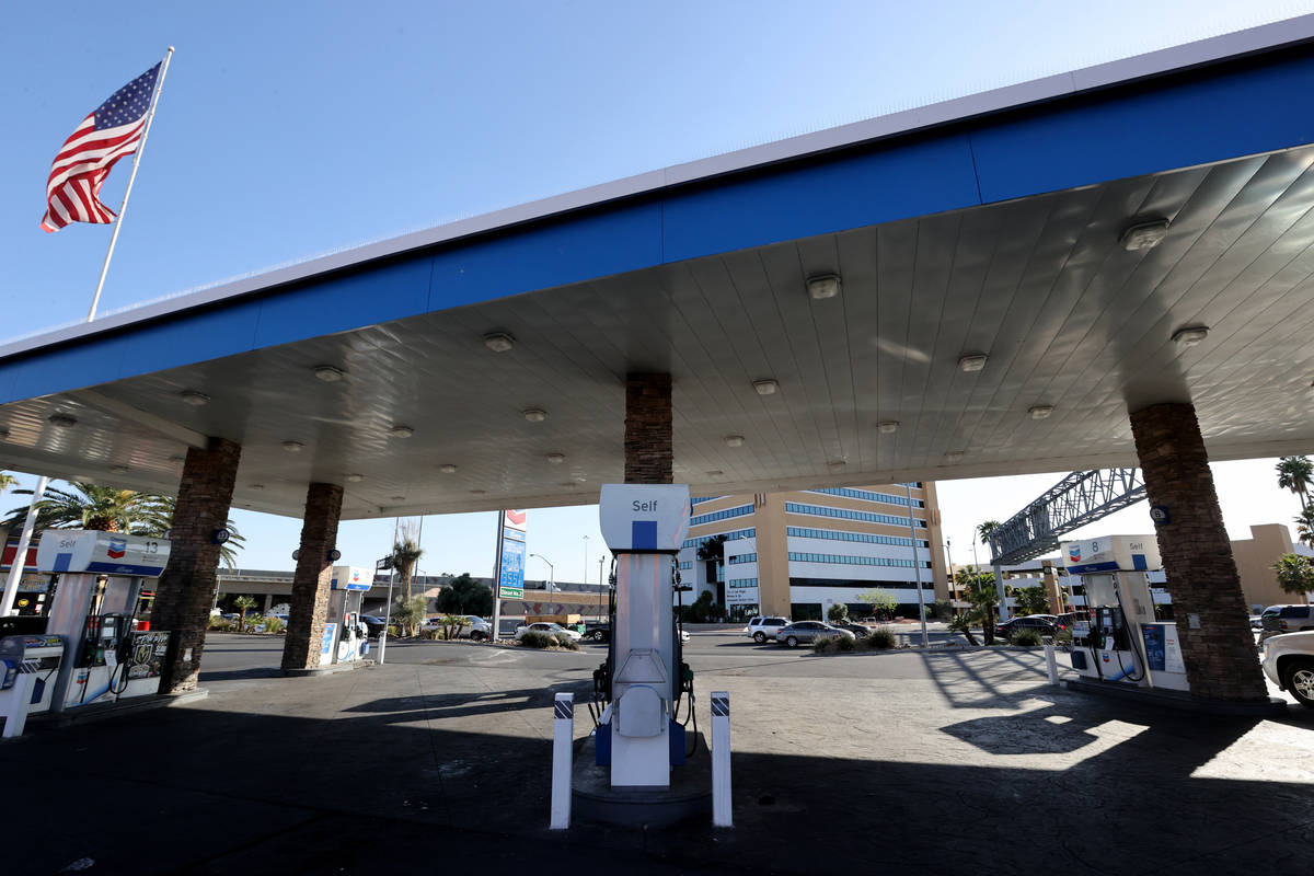 Gas pumps sit empty at the Chevron station on Rancho Drive and Bonanza Road in Las Vegas Monday ...