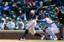 Atlanta Braves' Sean Kazmar Jr. bats during the fifth inning of a baseball game against the Chi ...