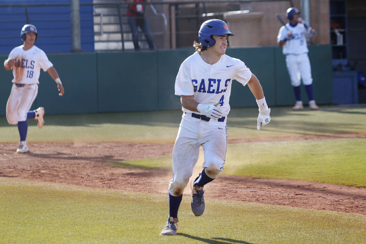 Bishop Gorman's Anthony Marnell (4) runs the bases for a double and a walk-off win against Coro ...