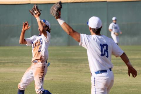 Bishop Gorman's Preston Riske (2) makes a catch in the fifth inning for an out as teammate Gavi ...