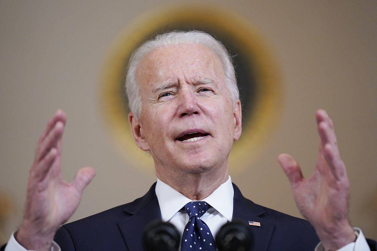 President Joe Biden speaks Tuesday, April 20, 2021, at the White House in Washington, after for ...