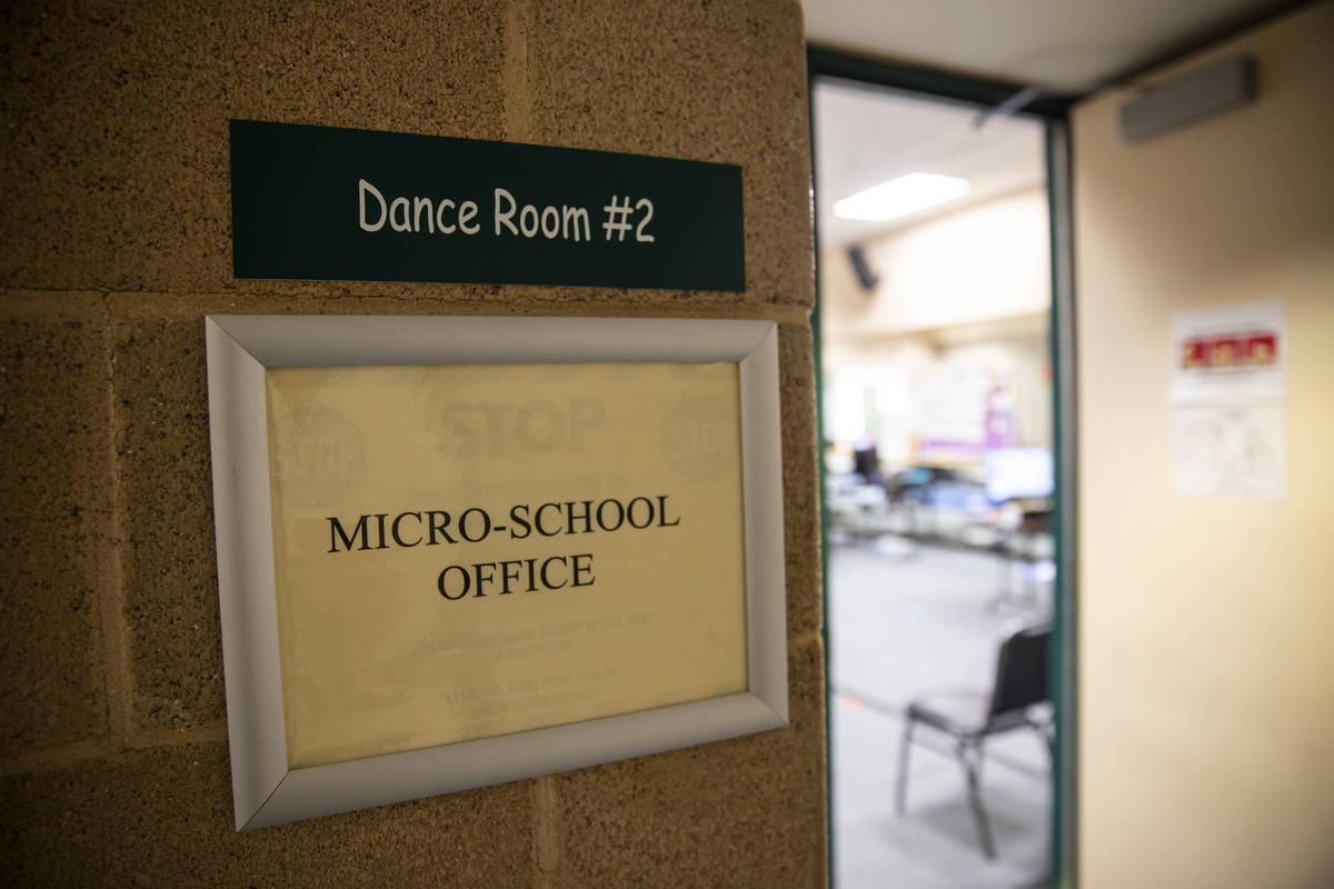 A sign outside of a classroom at the Southern Nevada Urban Micro Academy at Silver Mesa Recreat ...