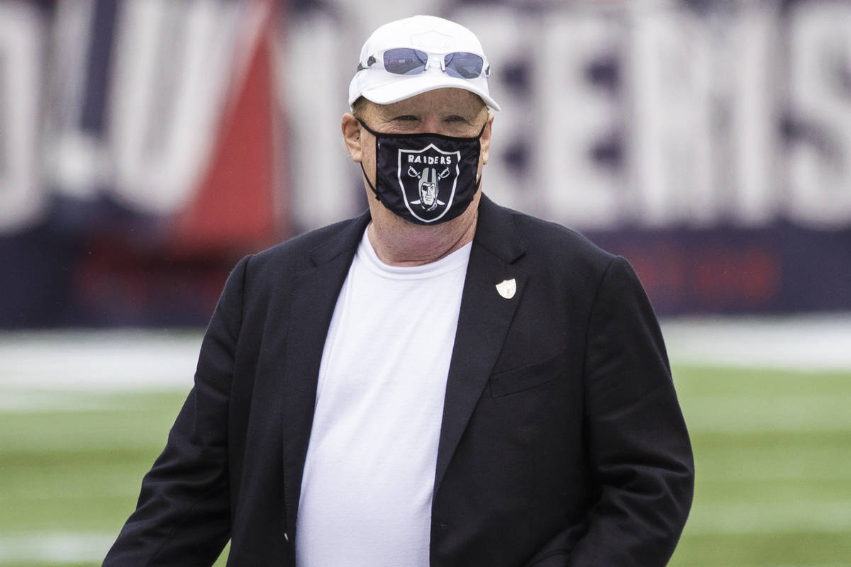 Las Vegas Raiders owner Mark Davis makes his rounds during warmups before the start of an NFL f ...