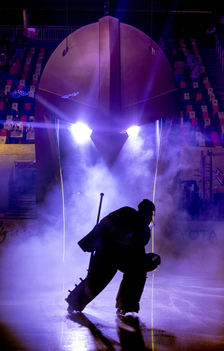 Golden Knights goaltender Marc-Andre Fleury (29) enters the ice to battle the San Jose Sharks f ...