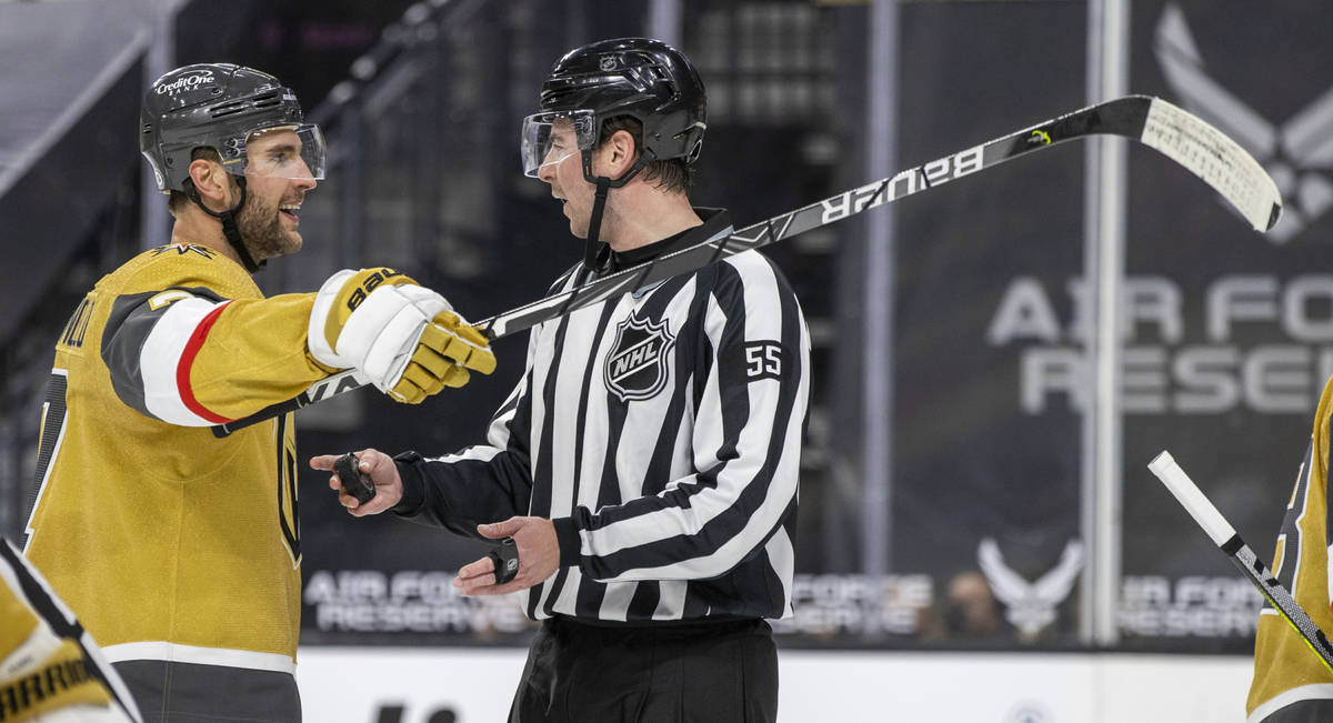Golden Knights defenseman Alex Pietrangelo (7) complains to the official during the first perio ...