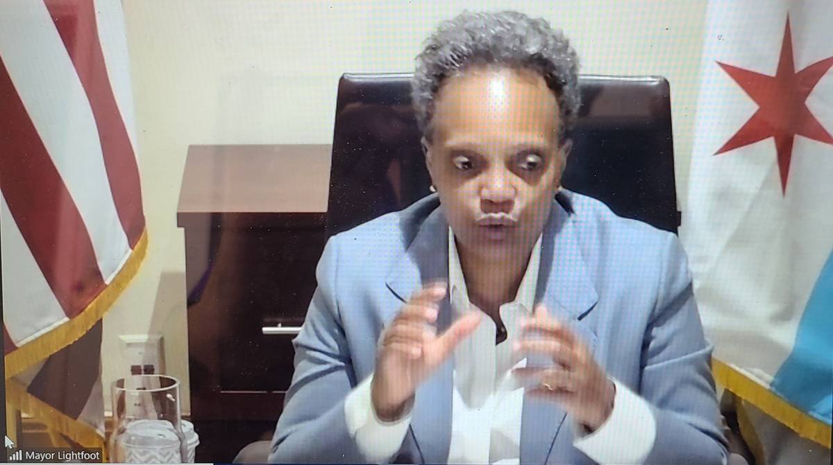 Chicago Mayor Lori Lightfoot addresses reporters in an online press conference Tuesday, April 2 ...