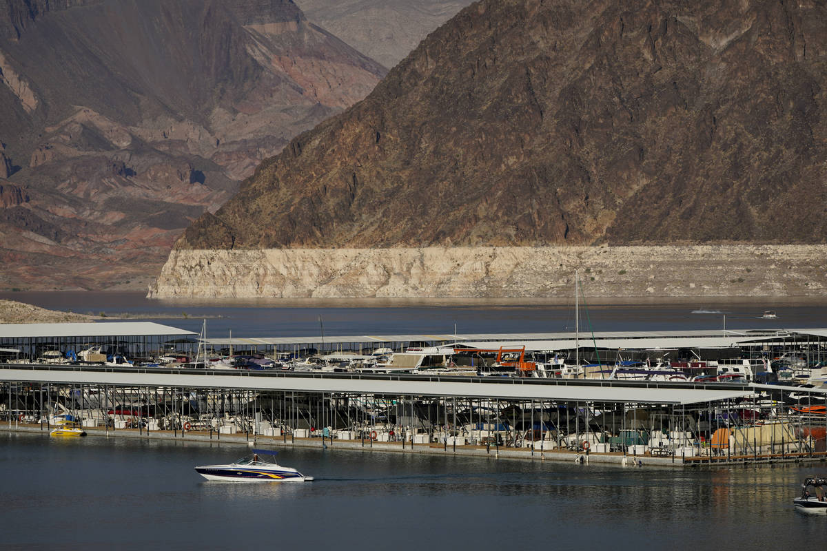 A bathtub ring of light minerals delineates the high water mark on Lake Mead at the Lake Mead N ...