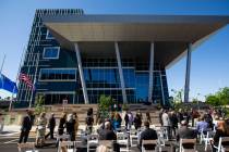 People gather outside for the opening ceremony of the $56 million Las Vegas municipal courthous ...