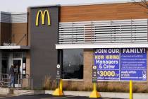 In this Nov. 19, 2020, file photo, a hiring sign is displayed outside of McDonald's in Buffalo ...