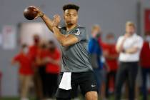 Ohio State quarterback Justin Fields throws during an NFL Pro Day at Ohio State University Tues ...