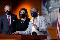 In this April 21, 2021, photo, Del. Eleanor Holmes-Norton, D-D.C., center, joined from left by ...