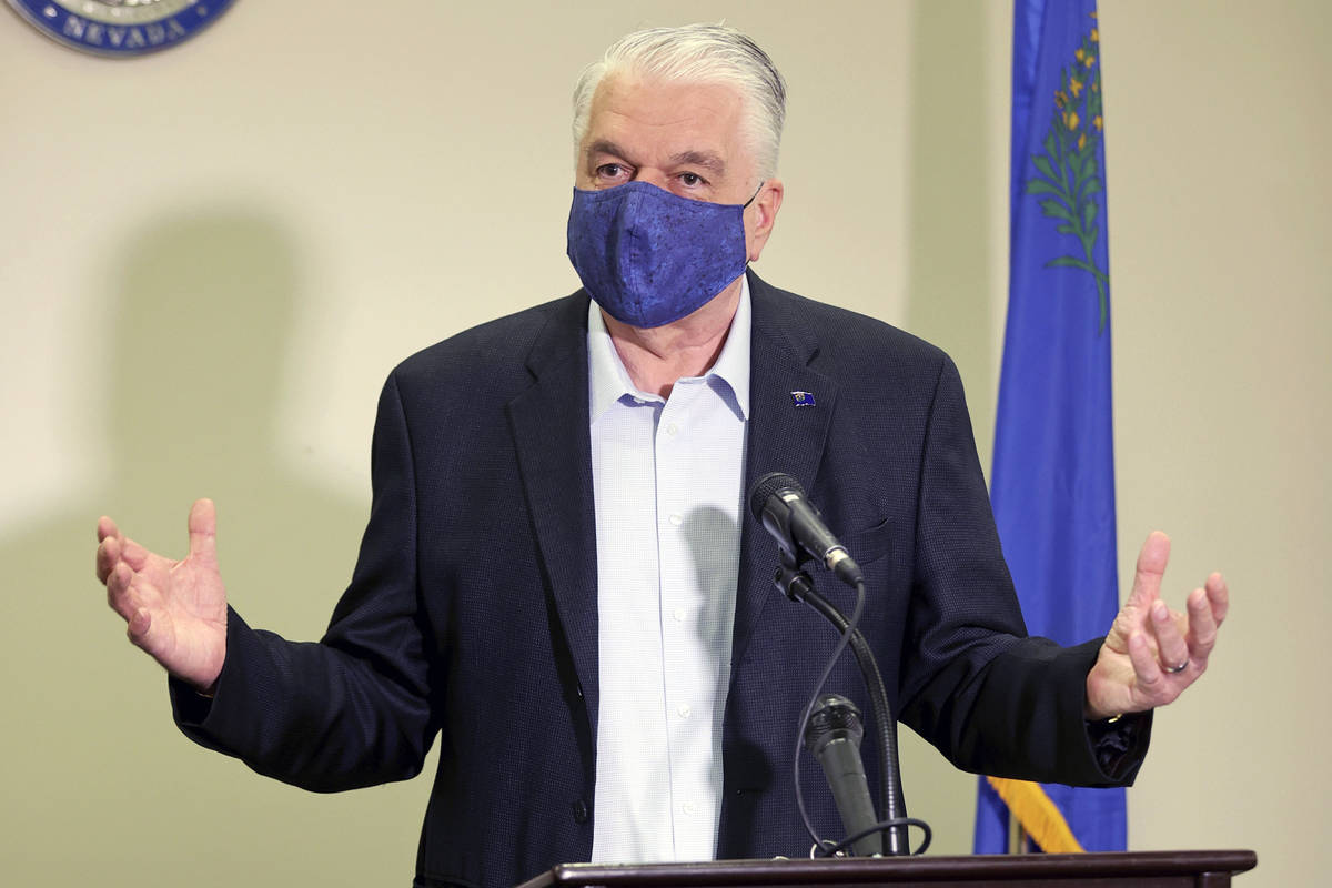 In this Oct. 2, 2020, file photo, Nevada Gov. Steve Sisolak speaks during a news conference at ...