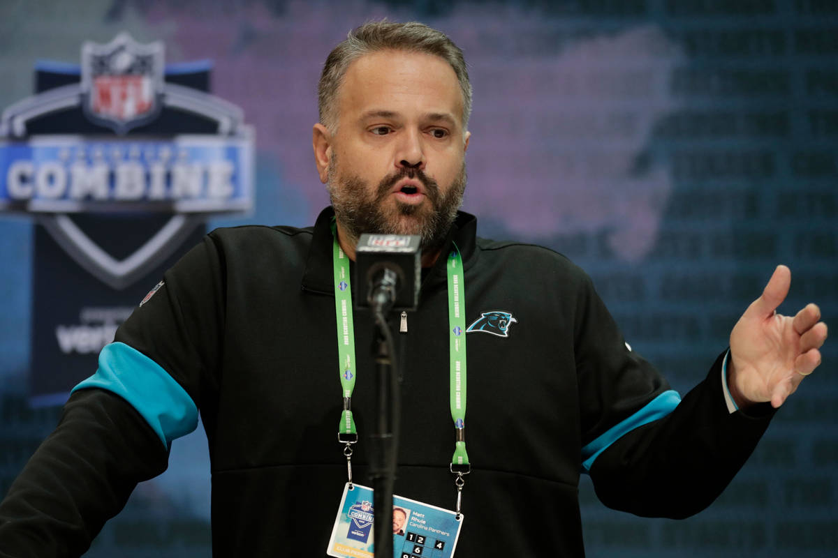 FILE - In this Feb. 25, 2020, file photo, Carolina Panthers head coach Matt Rhule speaks during ...