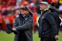 FILE - In this Dec. 1, 2019, file photo, Oakland Raiders general manager Mike Mayock stands wit ...