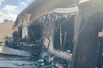 Crews battle a house fire Thursday, April 22, 2021, on the 2000 block of Las Verdes Street in L ...