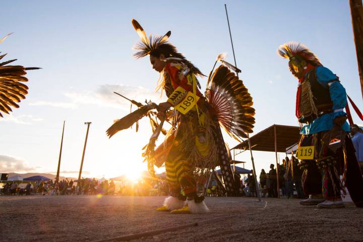 Participants dance during the grand entry ceremonies at the 29th annual Snow Mountain Pow Wow i ...