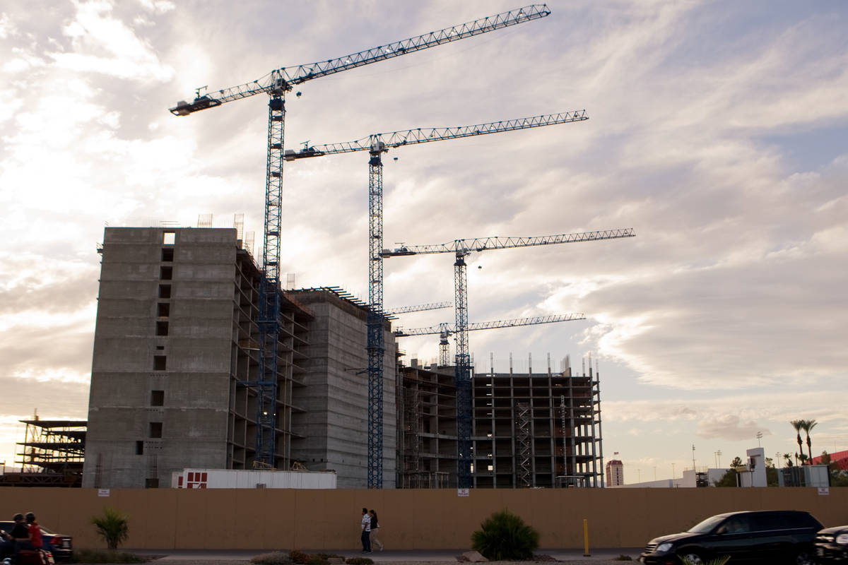 Construction cranes are shown idle at Boyd Gaming Corp.'s multibillion dollar Echelon construct ...