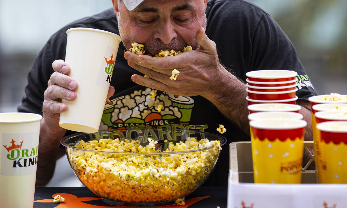 Geoff Esper competes in the World Popcorn Eating Championship during the "Red Carpet Film ...